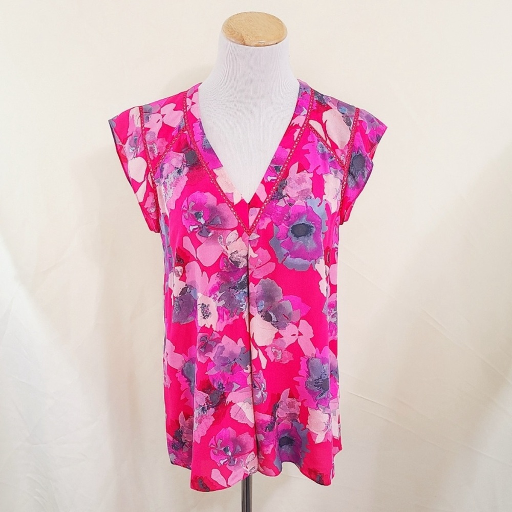 Rebecca Taylor hot pink floral silk top lattice lace trim size 2